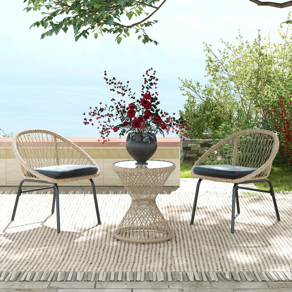 Outsunny Masă de cafea Boho design, placă de sticlă, PE-Rattan, 45 cm x 45 cm x 52 cm, Natural | Aosom Romania