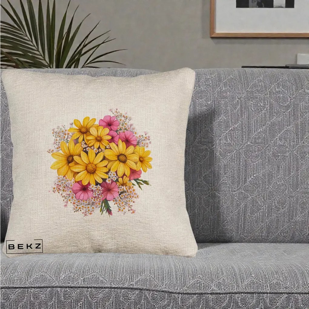 Perna Decorativa Floarea-Soarelui cu Cosmos Roz si Gypsophila, 40x40 cm, Bej Canapea, Husa Detasabila, Perna Inclusa, BEKZ®