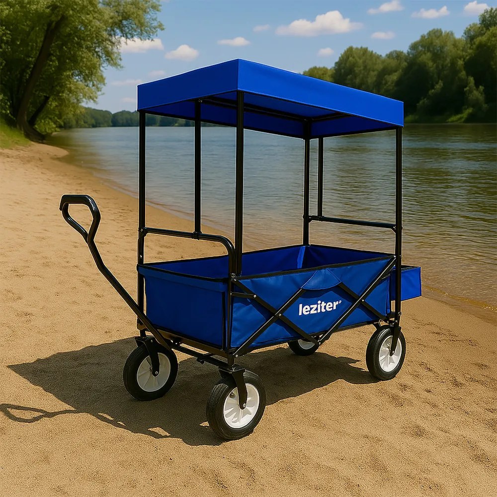 Cărucior de plajă pliabil de grădină cu acoperiș albastru