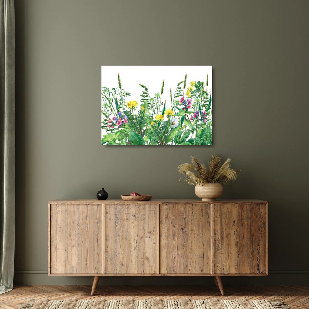 Tablou pe sticlă - Flori de pajiște pictate (70x50 cm)