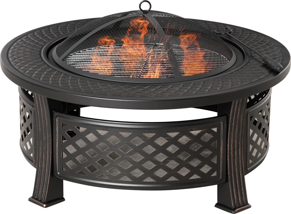 Outsunny Cuvă de foc cu cârlig, protecție la scântei, coș de foc, masă pentru foc rotund, loc de foc pentru grădină, camping, BBQ, oțel, negru, 81 x 81 x 50 cm | Aosom Romania