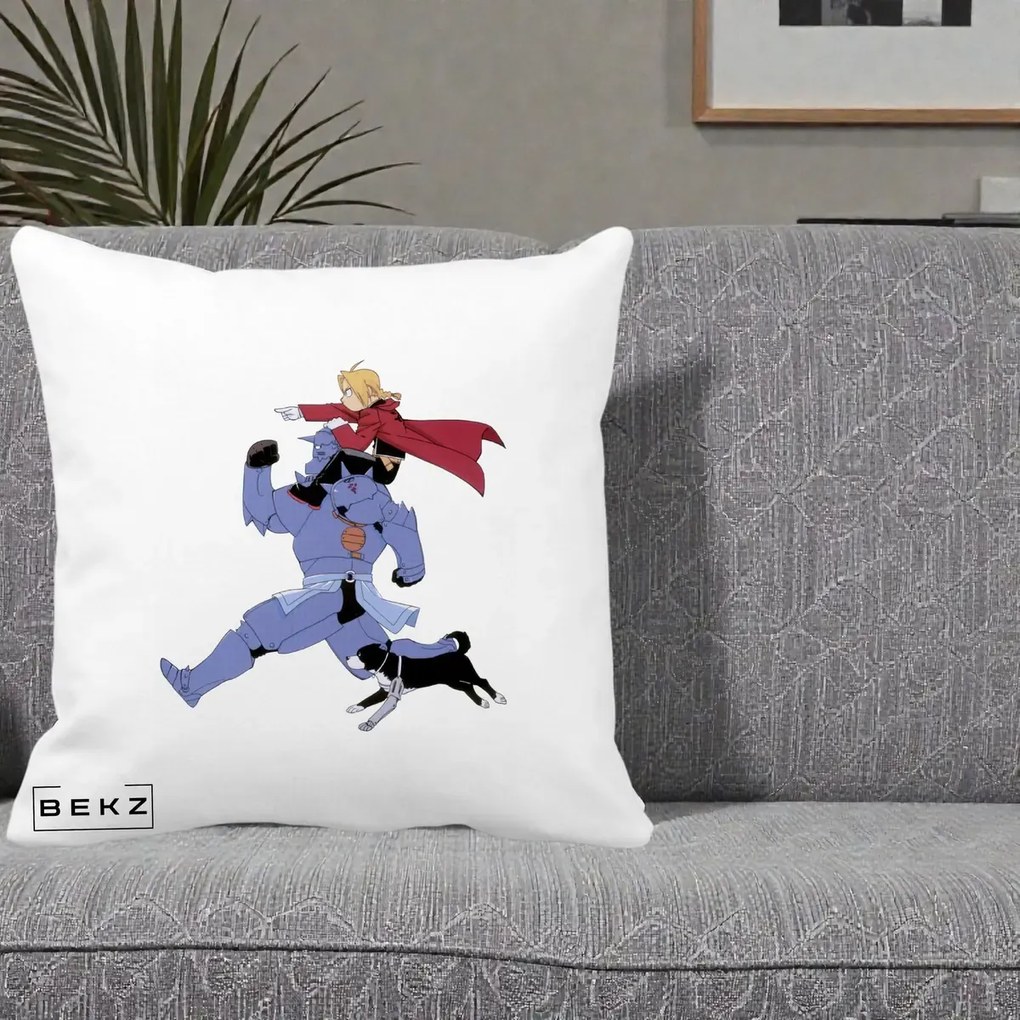 Perna Personalizata Fullmetal Alchemist Edward si Alphonse, 40x40 cm, Alba Mata, Husa Detasabila, Perna Inclusa, BEKZ®