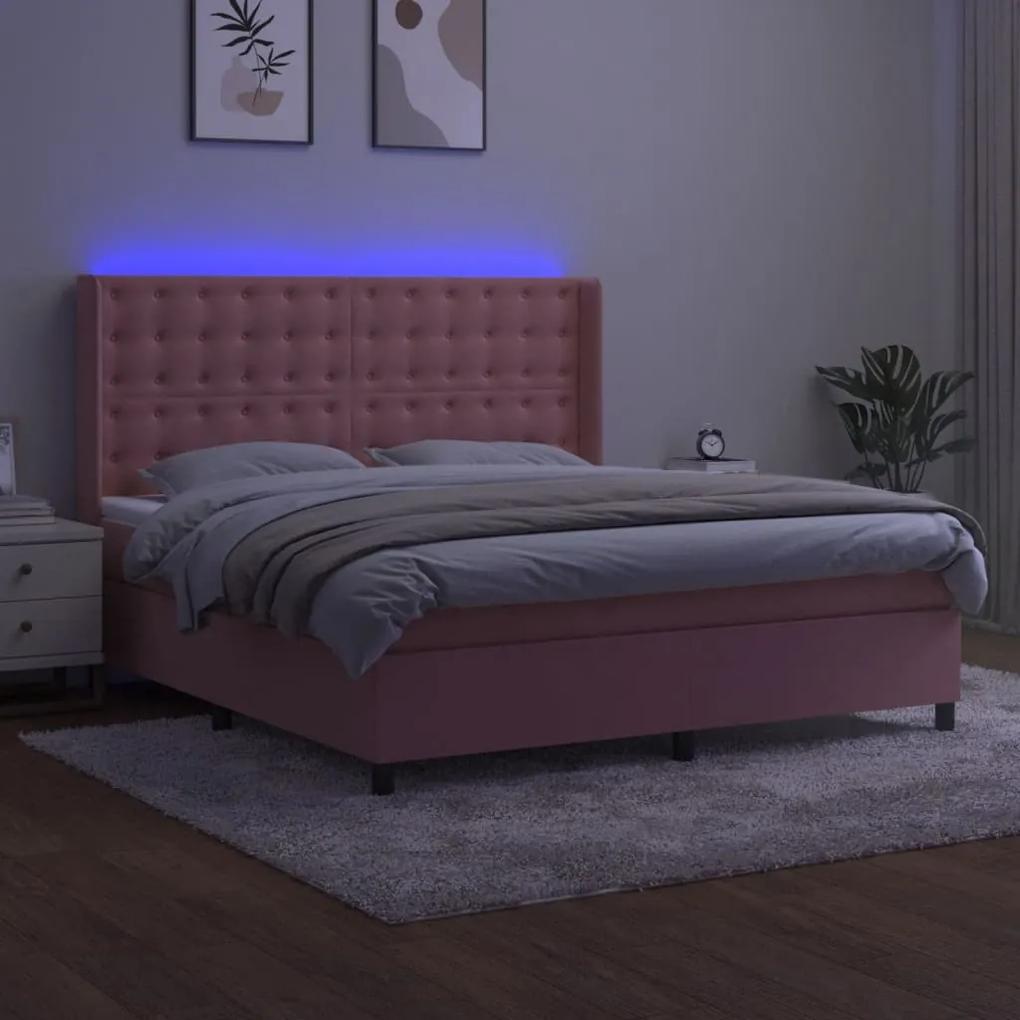 Pat continental cu saltea  LED, roz, 120x200 cm, catifea Roz, 160 x 200 cm, Nasturi de tapiterie