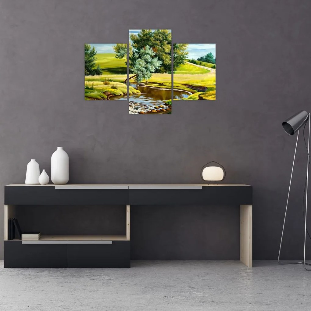 Tablou - Râu între câmpii, pictură în ulei (90x60 cm)