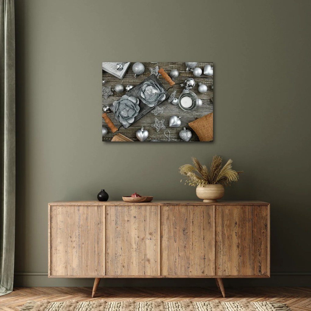 Tablou - decorațiuni argintii de Crăciun (70x50 cm)