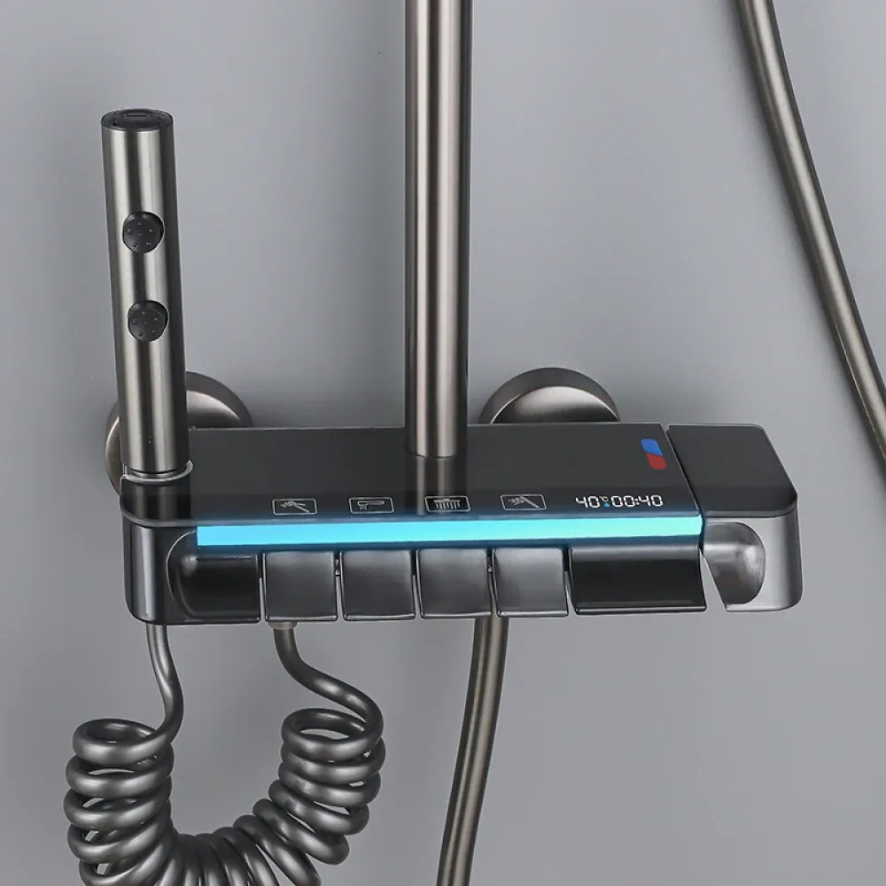 Coloană de duș termostat, afișaj digital, lumină LED ambientală, 4 funcții, butoane ca de pian, cap duș dreptunghiular, efect de ploaie, montare pe perete, 6003