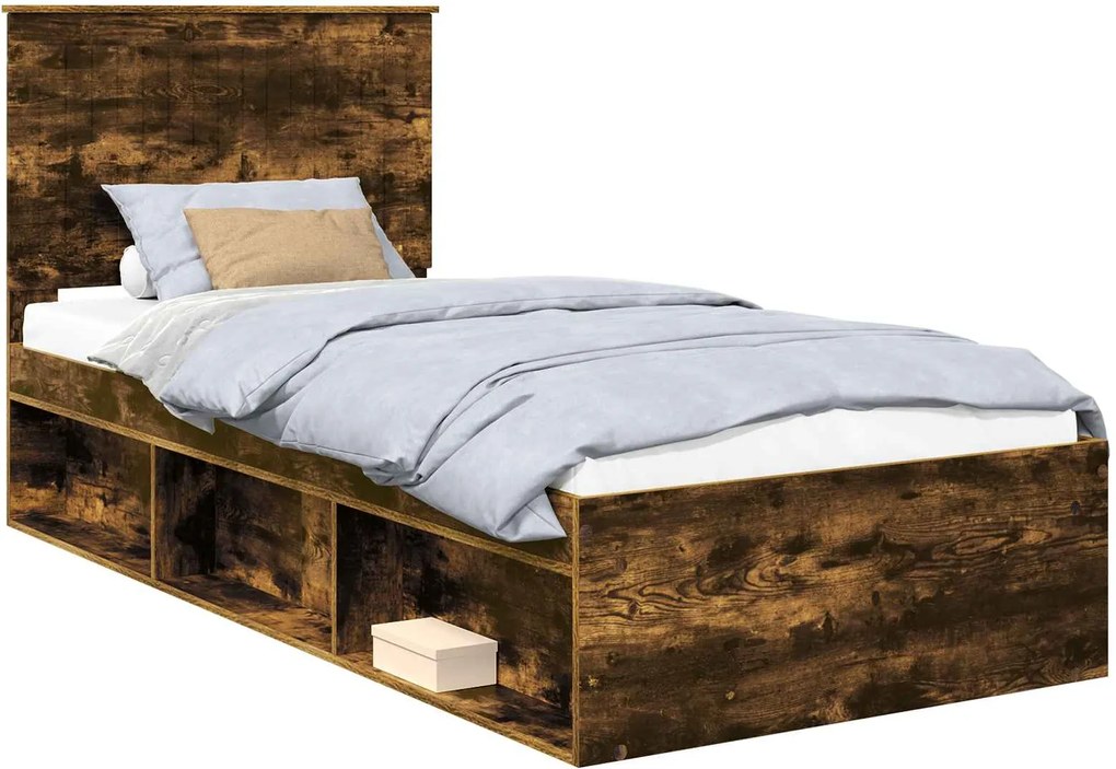 vidaXL Cadru de pat Stejar fumuriu 90 x 190 cm Lemn de pin masiv