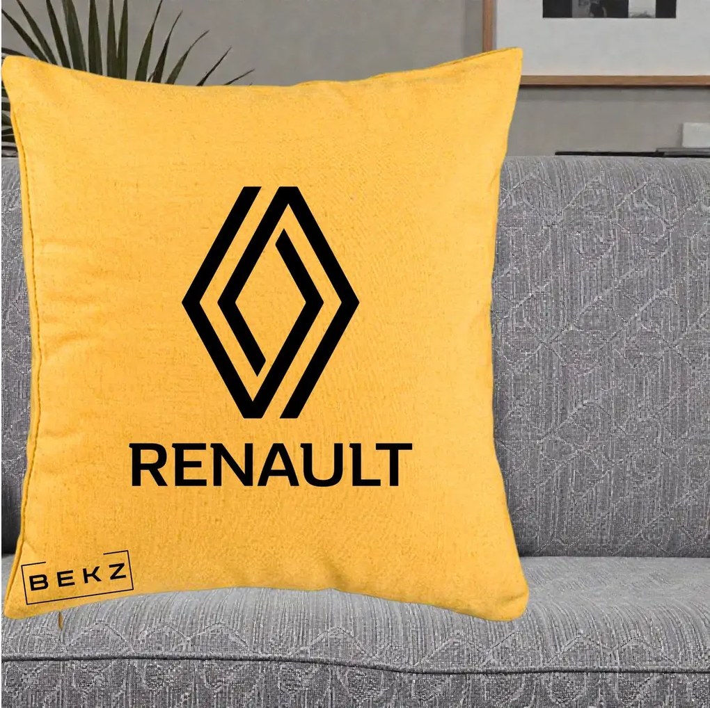 Perna Personalizata cu emblema Renault, 40x40 cm, Galben, Husa Detasabila, Perna Inclusa, BEKZ®