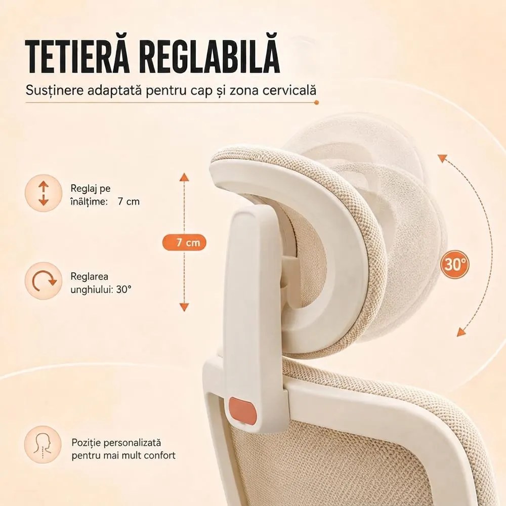 Scaun ergonomic din mesh cu tetieră reglabilă și suport lombar reglabil SYYT 9523 crem