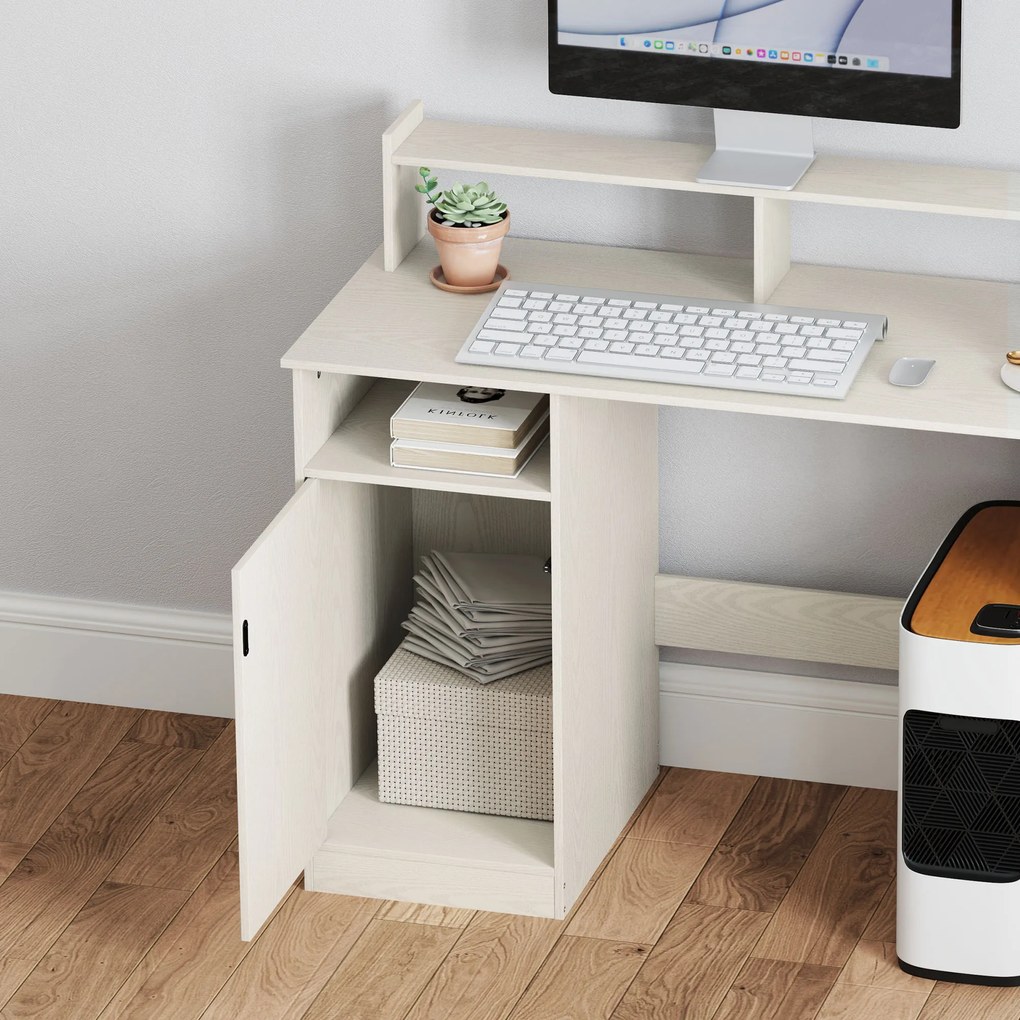 HOMCOM Birou PC cu Suport pentru Monitor, Dulăpior și Rafturi, 108x50x94 cm, Alb Crem | Aosom Romania