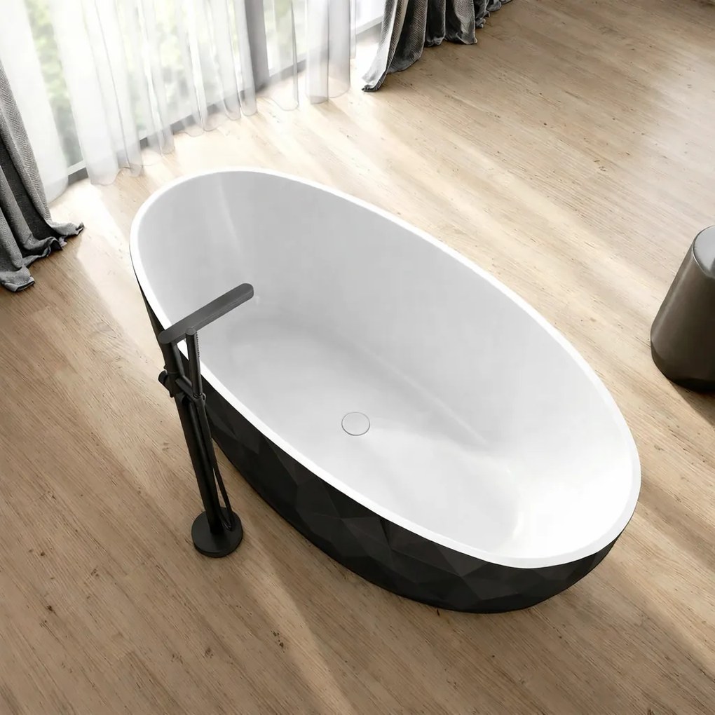 Cada freestanding compozit, negru cu alb, forme 3D, ovala 167 x 82 cm, Foglia Ovale Negru/Alb