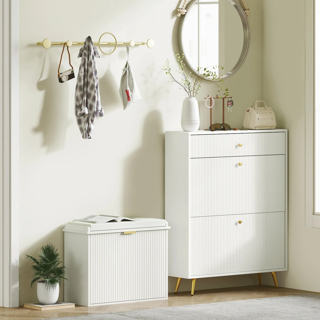 HOMCOM Banc pentru pantofi cu pernă șezut căptușit și sertar rabatabil pentru hol, cameră, 62 x 26 x 47,5 cm, alb | Aosom Romania