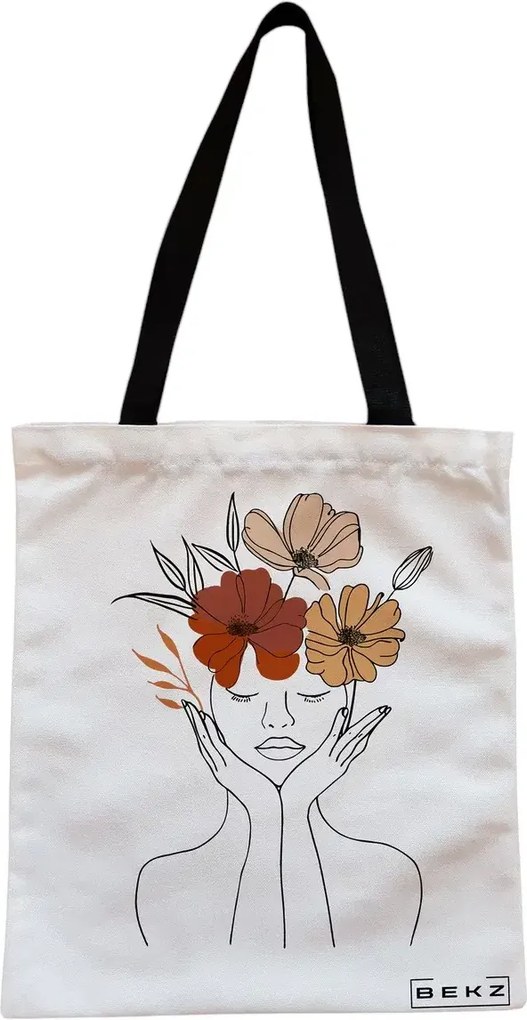 Sacosa de Panza pentru Cumparaturi, Geanta Tote, Flower Lady 19, Cu fermoar, 38x34.5 cm, Alba, BEKZ®