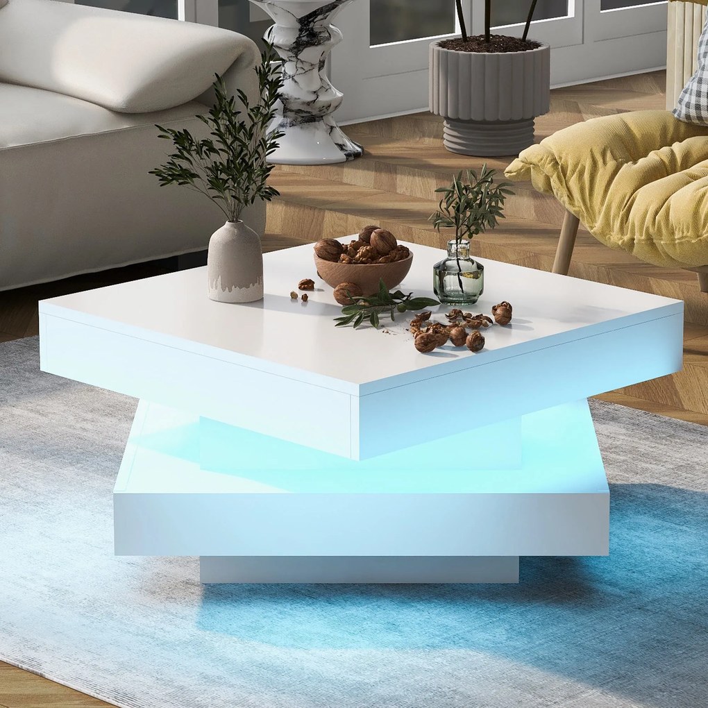 Măsuță de Cafea Modernă Pătrată Lucioasă cu Placă Rotativă la 360° și Iluminare LED în 16 Culori, 70x70x36 cm, Albă