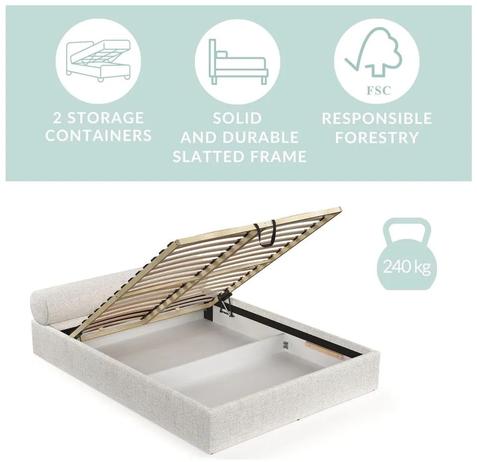 Pat matrimonial crem tapițat cu spațiu de depozitare cu somieră 200x200 cm Solvo – Maison de Rêve