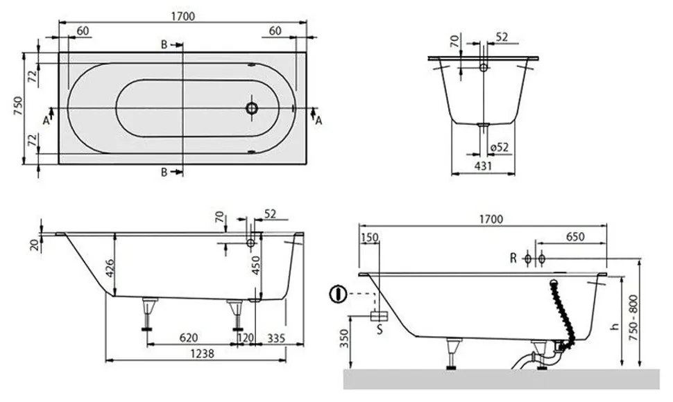 Cada de baie Solo 170x75x45 cm, Quaryl, alba 1700x750 mm