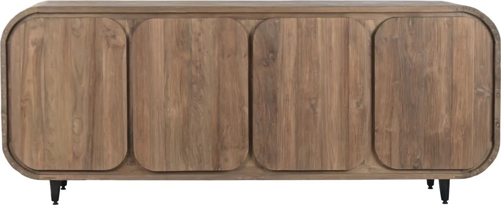 Bufet rustic din lemn de tec reciclat, natur, cu 4 uși cu colțuri rotunjite și picioare din metal negru, 80 x 200 x 45 cm, „Granville”