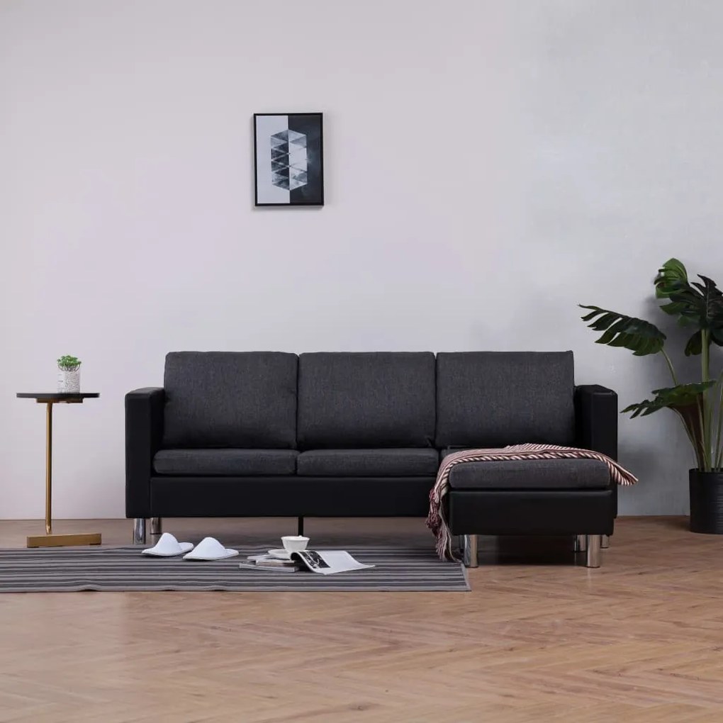 282205 vidaXL Canapea cu 3 locuri cu perne, negru, piele ecologică
