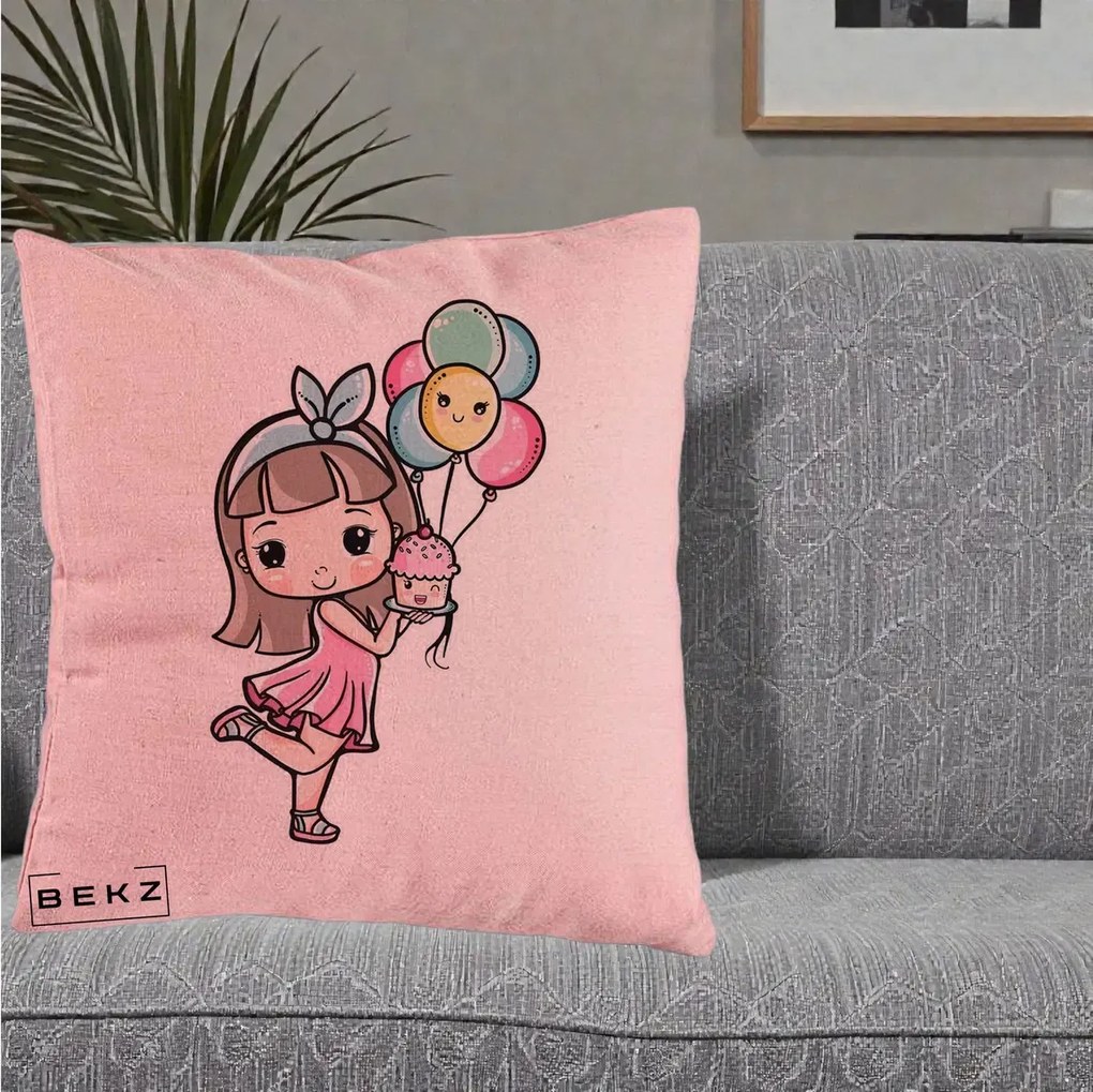 Perna Decorativa Fetita Kawaii cu Baloane si Cupcake, 40x40 cm, Roz, Husa Detasabila, Perna Inclusa, BEKZ®