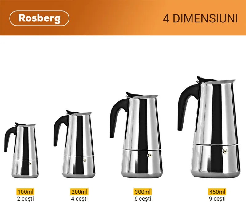 Cafetiera moka Rosberg R51173F6, 6 cesti, Inox