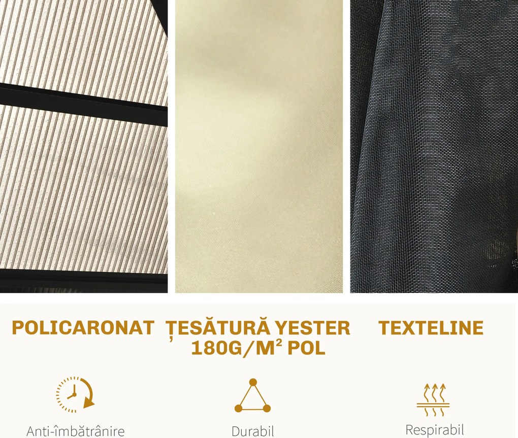 Outsunny Pavilion de grădină Hardtop 4.2 x 3.6 m, Draperii cu plasă împotriva insectelor, Structură din aluminiu, Maro+Crem | Aosom Romania
