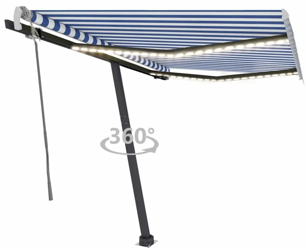 vidaXL Copertină retractabilă manual cu LED, albastru&amp;alb, 350x250 cm
