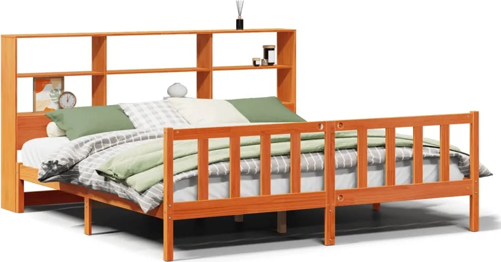 vidaXL Pat cu bibliotecă fără saltea maro 200x200 cm lemn masiv de pin