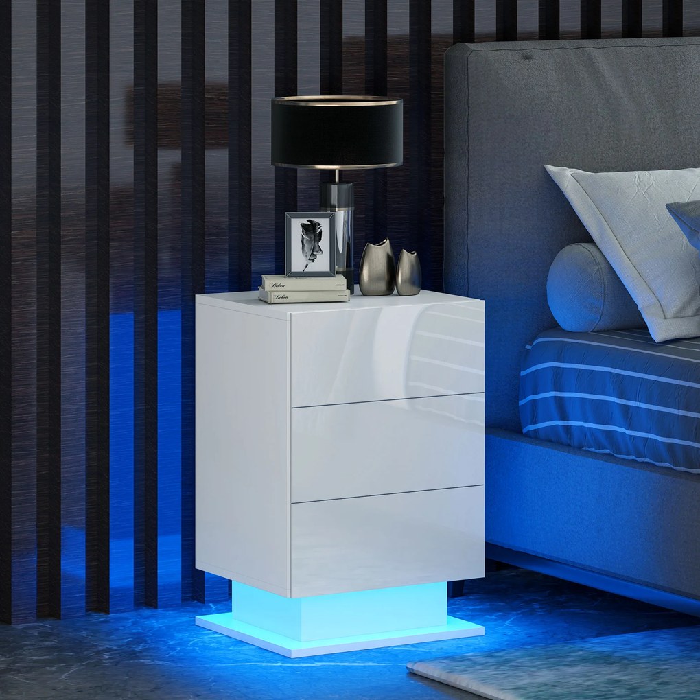 HOMCOM Noptieră cu Lumini LED Reglabile, 3 Sertare și Telecomandă, 40x35x60 cm, Alb | Aosom Romania