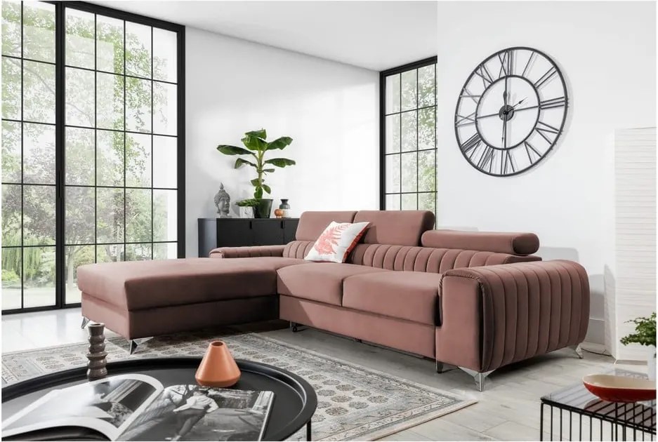 Colțar roz extensibil/cu spațiu de depozitare cu tapițerie din catifea (cu colț pe partea stângă/cu șezlong) Grayson – ELTAP