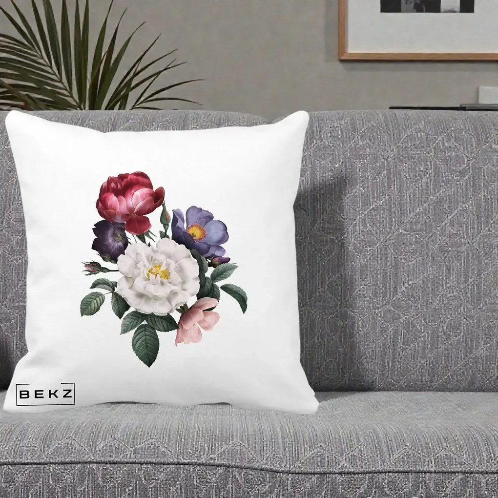 Perna Decorativa Buchet Trandafiri Bujori Botanical, 40x40 cm, Alba Mata, Husa Detasabila, Perna Inclusa, BEKZ®