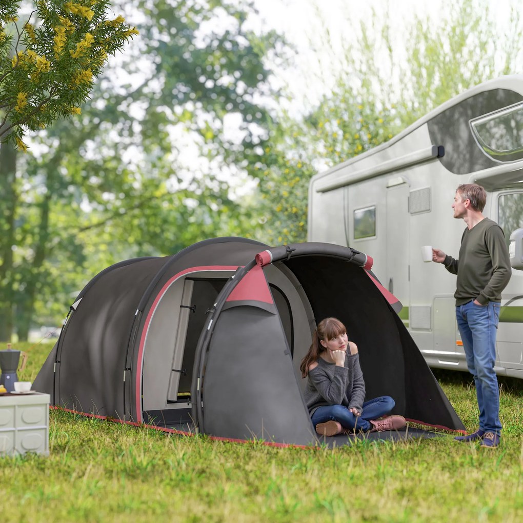 Outsunny Cort pentru Camping 2 Locuri cu Vestibul Mare, Cort Impermeabil Usi cu Fermoar, 426x206x154cm Gri | Aosom Romania
