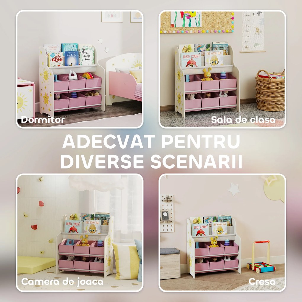 AIYAPLAY Raft pentru Jucării cu 6 Sertare și Bibliotecă cu 2 Nivele Roz | Aosom Romania