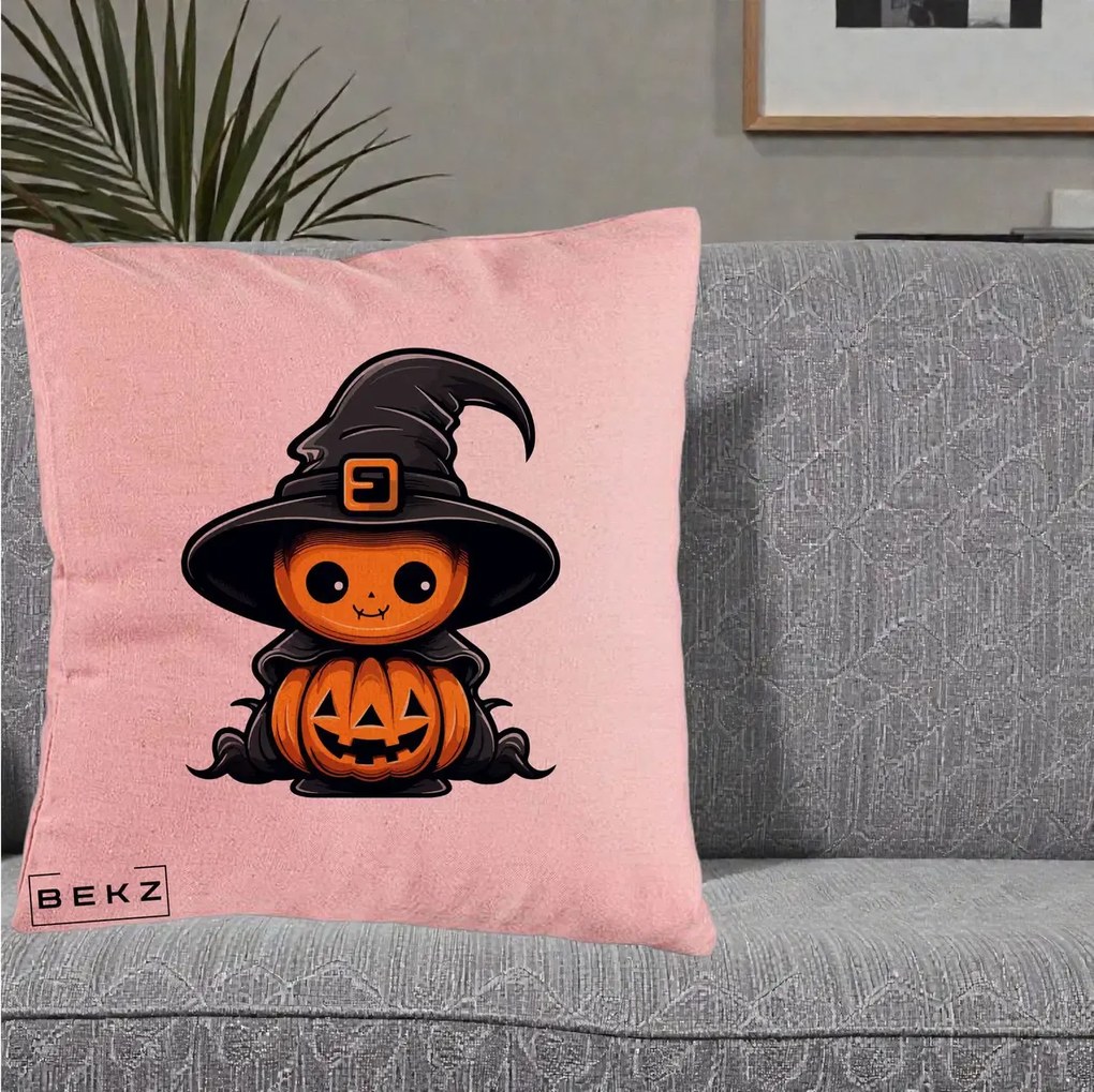 Perna Decorativa Halloween Dovleac Vrajitor Kawaii, 40x40 cm, Roz, Husa Detasabila, Perna Inclusa, BEKZ®