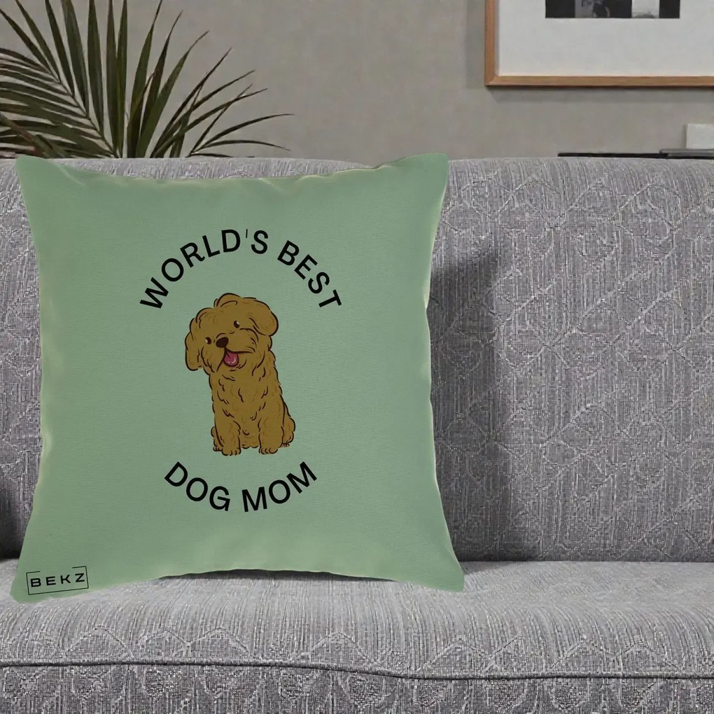 Cadou pentru Iubitorii de Caini - Perna Personalizata World's Best Dog Mom, 40x40 cm, Verde, Husa Detasabila, Perna Inclusa, BEKZ®