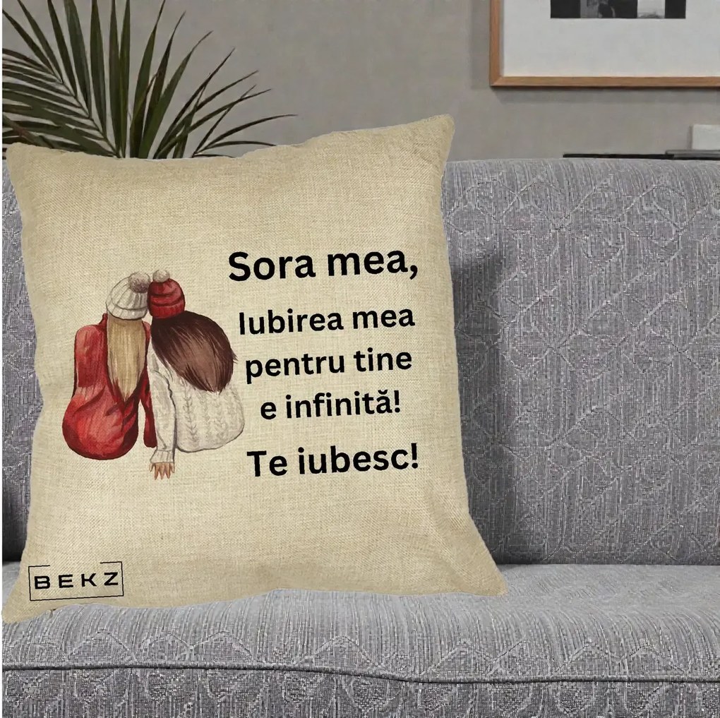 Cadou pentru Sora - Perna Personalizata Sora Mea Te Iubesc Doua Fete Iarna Acuarela, 40x40 cm, Crem, Husa Detasabila, Perna Inclusa, BEKZ®