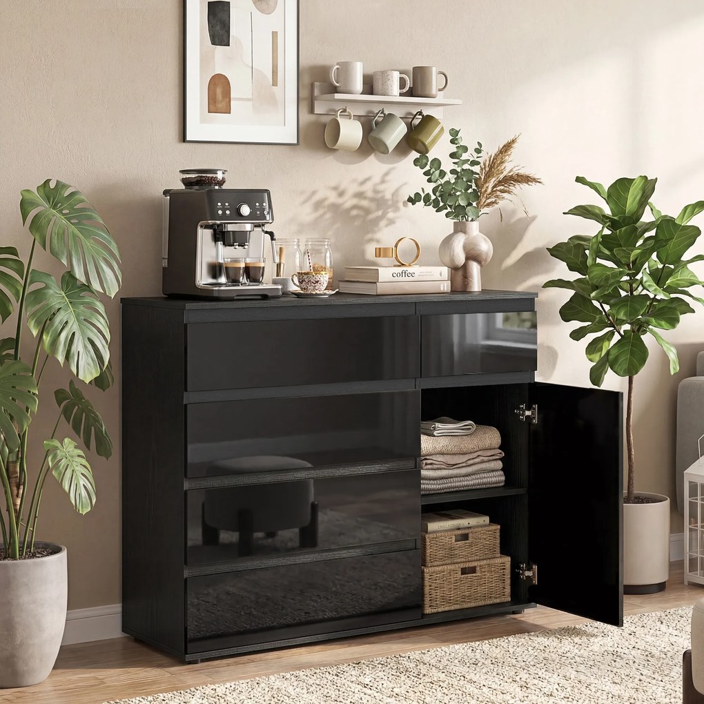 HOMCOM Sideboard modern, sideboard de depozitare cu 5 sertare, raft reglabil, ușă Soft-Close, negru lucios | Aosom Romania