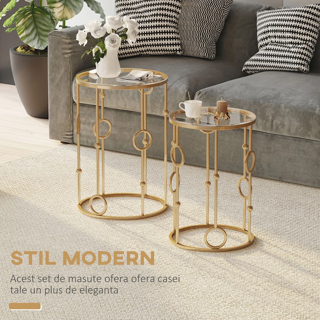 HOMCOM Set 2 Mese de Cafea, Design Modern, Metal și Sticlă, Auriu | Aosom Romania