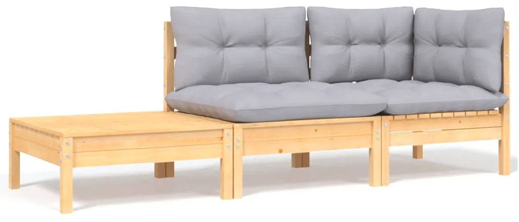 vidaXL Set mobilier grădină cu perne, 3 piese, gri, lemn masiv pin