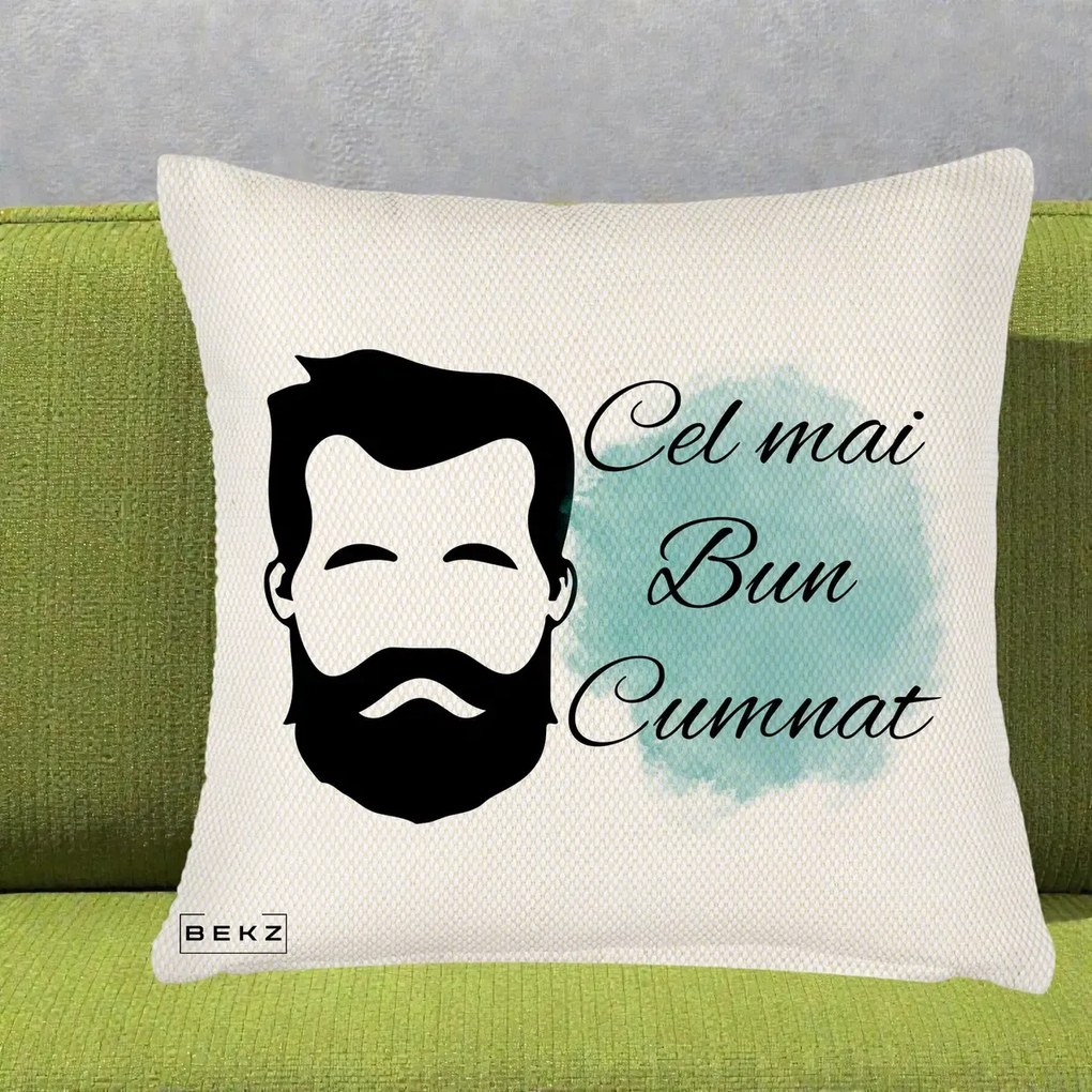 Cadou pentru Cumnat - Perna Personalizata Cel mai Bun Cumnat cu Portret Barbat si Pete Teal, 40x40 cm, Crem Reliefat, Husa Detasabila, Perna Inclusa, BEKZ®