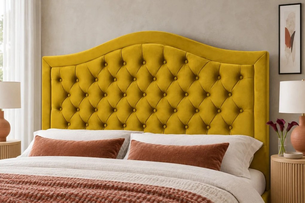 Pat tapițat Chesterfield din catifea Solaria Deluxe 160×200 cm, galben muștar, cu ladă de depozitare