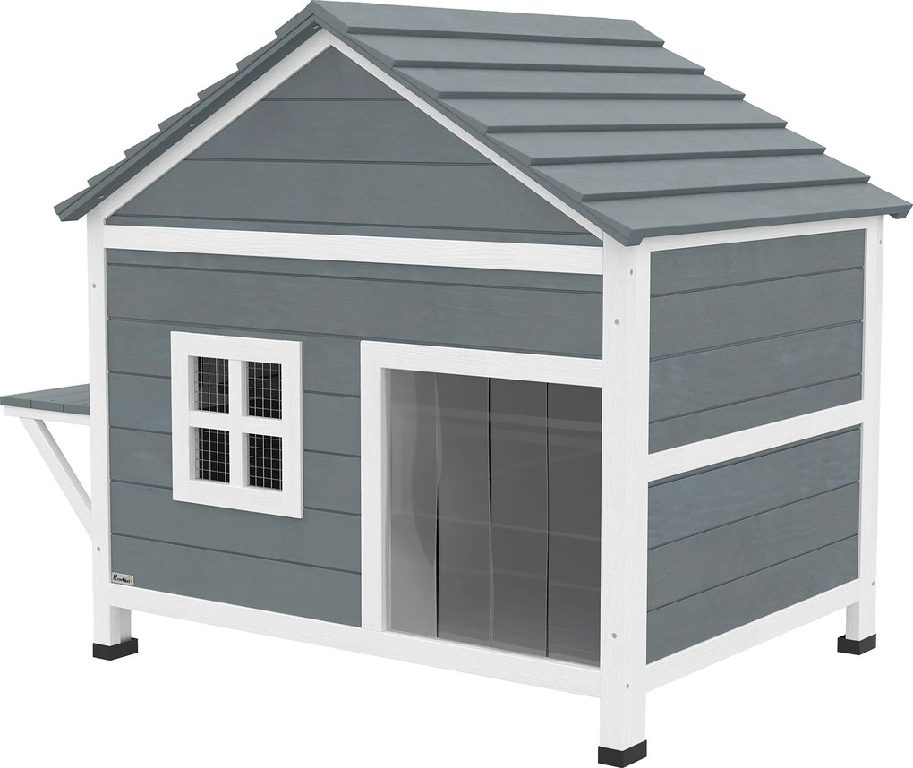 PawHut Casă pentru pisici din lemn, 2 etaje, acoperiș rabatabil rezistent la apă, platformă laterală, 101x72,5x81cm, Gri | Aosom Romania