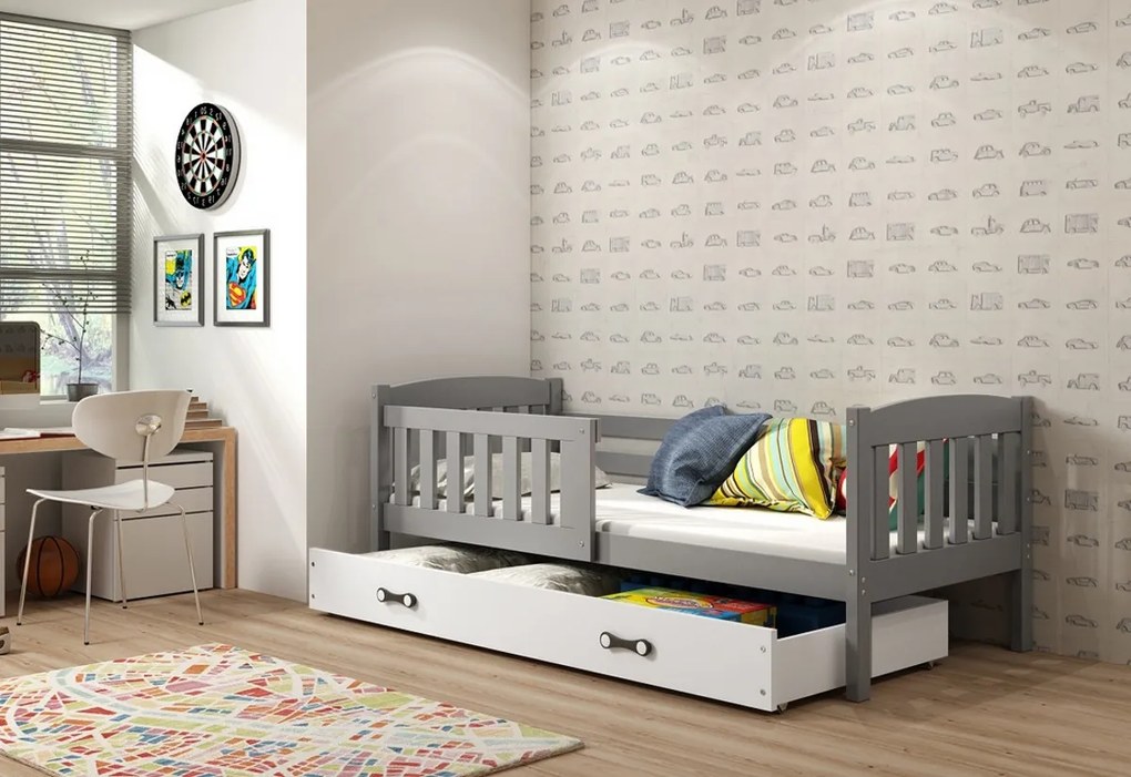 Supermobel Pat pentru copii KUBUS P1 + SD + saltea + somieră GRATIS, 80x190, grafit, alb