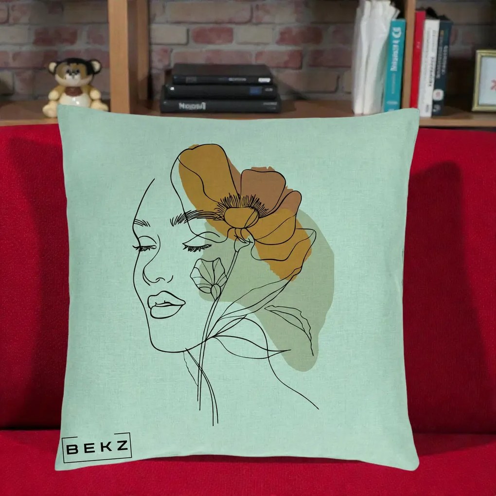 Perna Decorativa Portret Feminin Mac Mare Portocaliu, 40x40 cm, Verde Menta, Husa Detasabila, Perna Inclusa, BEKZ®