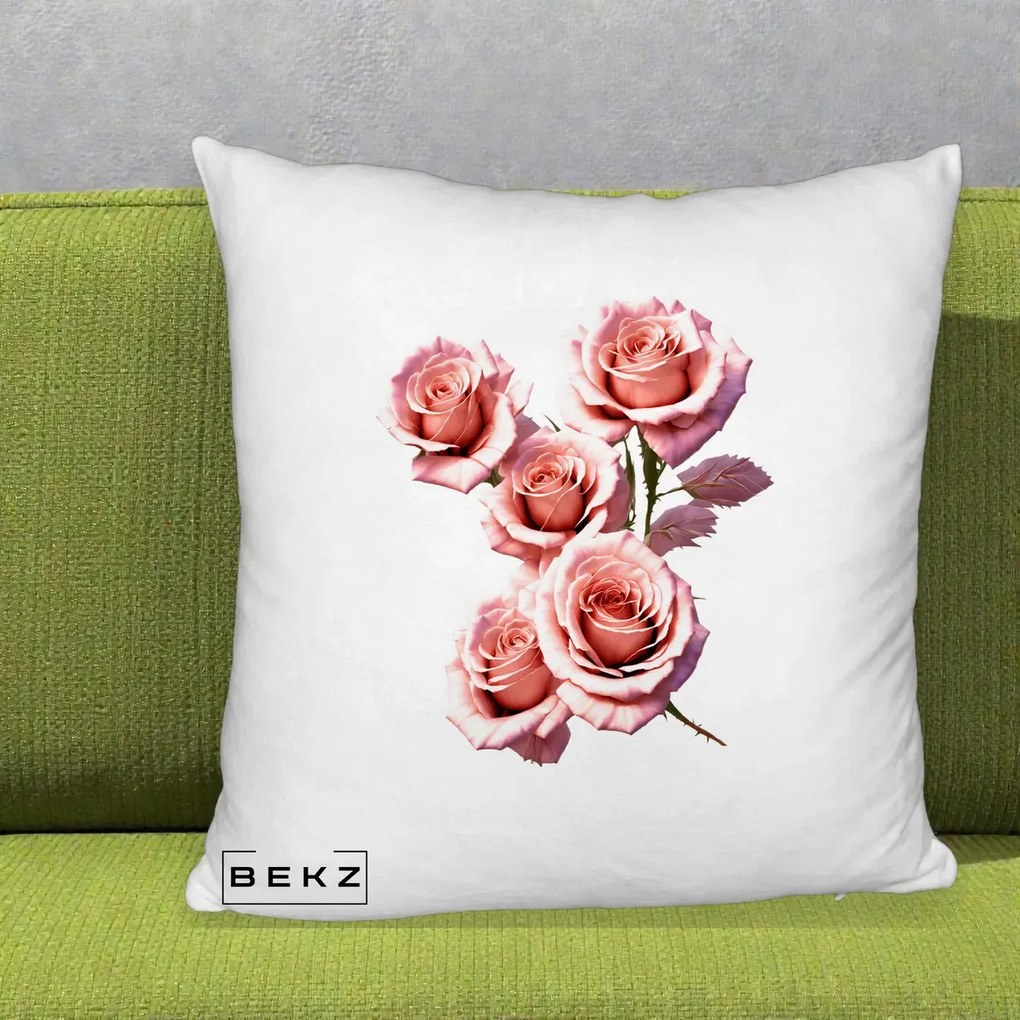 Perna Decorativa Trandafiri Roz Pastel Acuarela, 40x40 cm, Alb Pufos, Husa Detasabila, Perna Inclusa, BEKZ®
