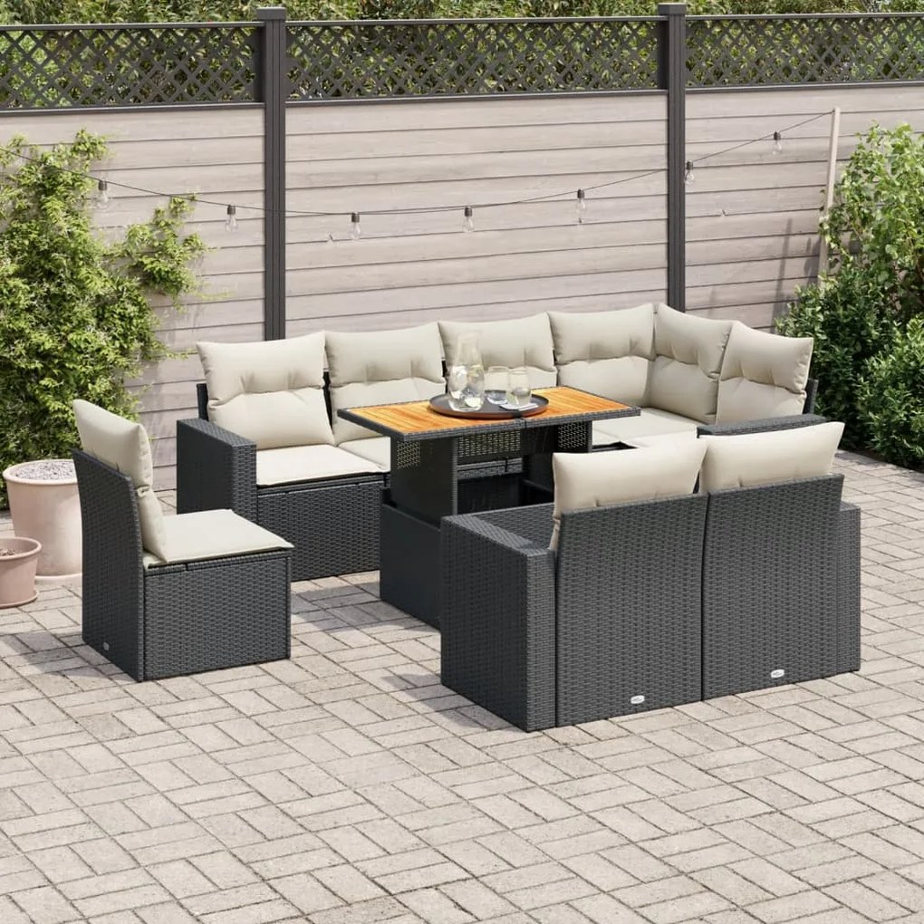 3327052 vidaXL Set mobilier de grădină cu perne, 9 piese, negru, poliratan