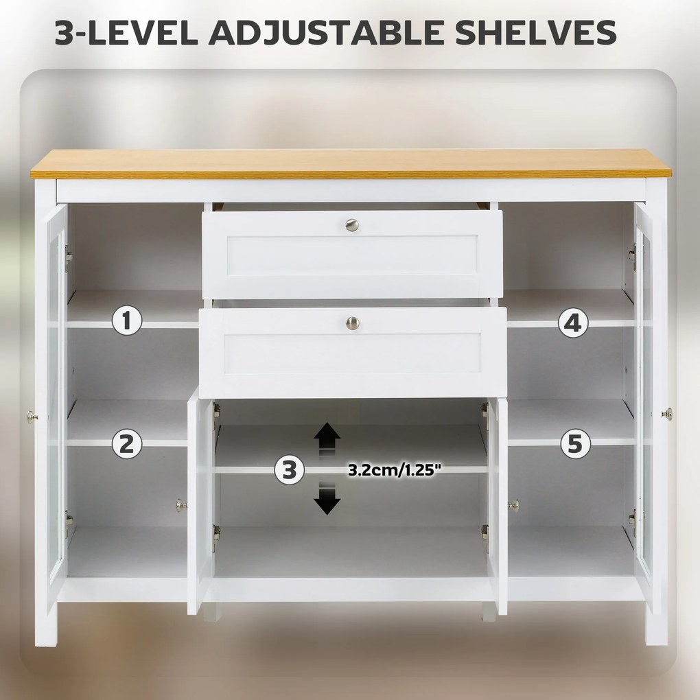 HOMCOM Comodă de Bucătărie, Mobilier de Bucătărie cu 2 Sertare, 3 Dulapuri, Blat de Lucru din Caucciuc, Bufet cu Uși din Sticlă, Rafturi Ajustabile, pentru Sufragerie, 120x40x90cm, Alb | Aosom Romania