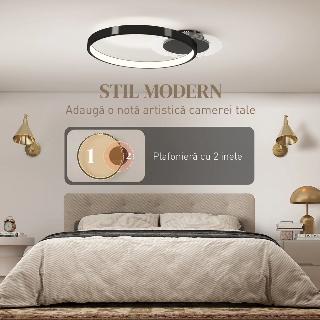 HOMCOM Lampă de tavan LED Modernă de 40W cu 2 Inele și Lumină Reglabilă, Negru | Aosom Romania