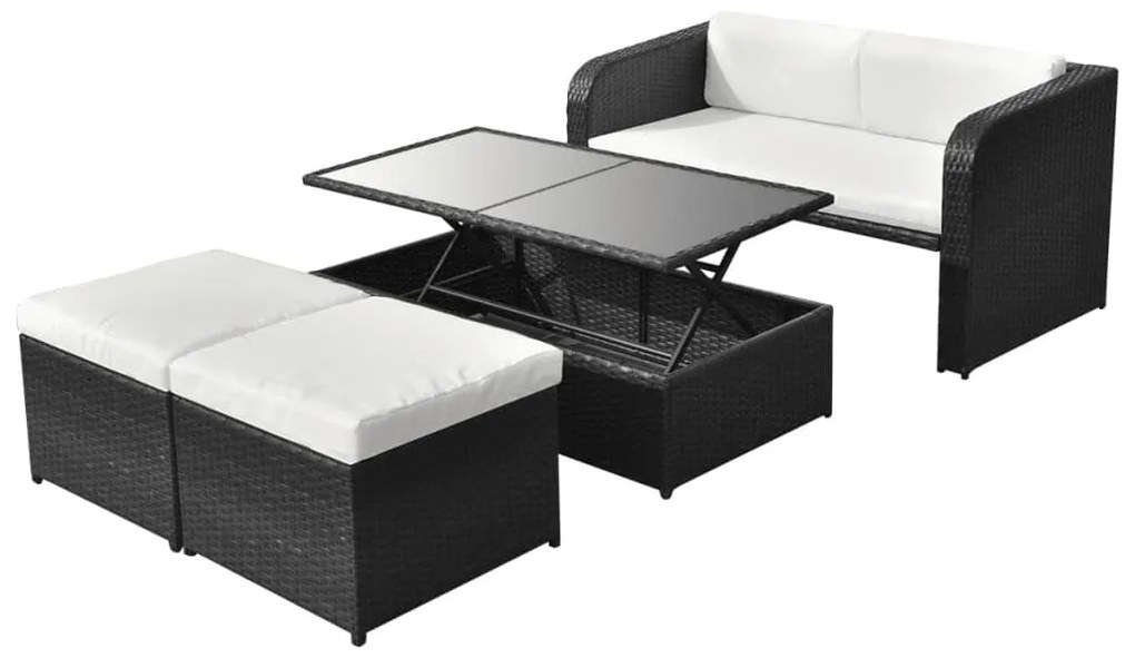 42481 vidaXL Set mobilier de grădină cu perne, 4 piese, negru, poliratan