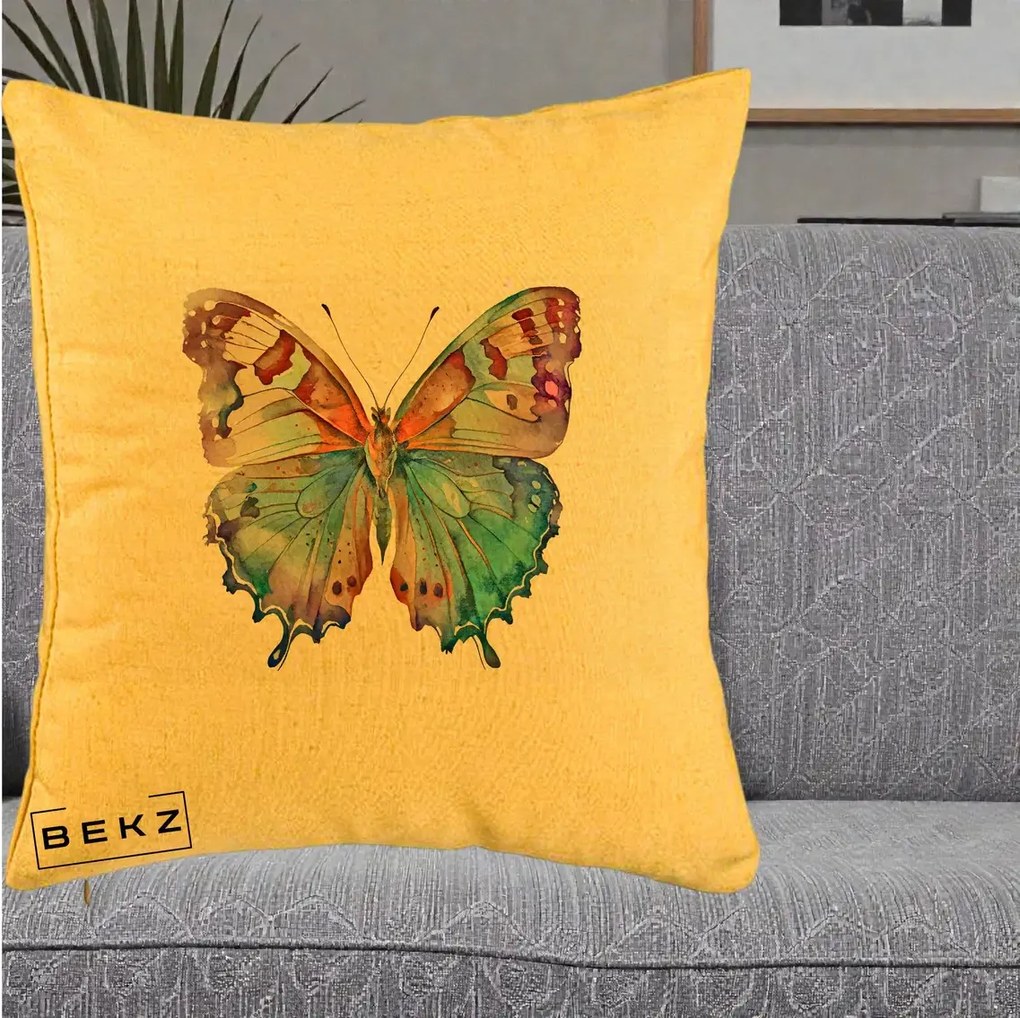 Perna decorativa Fluture Acuarela Multicolor Portocaliu-Bleu-Mov, 40x40 cm cu Umplutura, Galben, BEKZ
