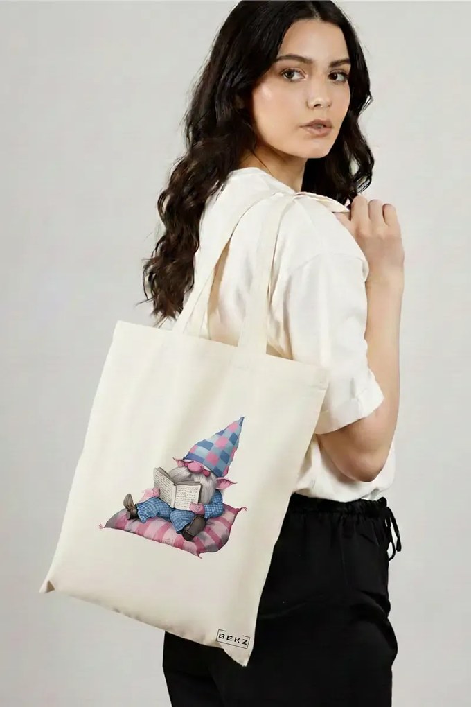 Sacosa de Panza pentru Cumparaturi, Geanta Tote, model The Bookish Gnome 2 38 x 34.5 cm, Alba, BEKZ®
